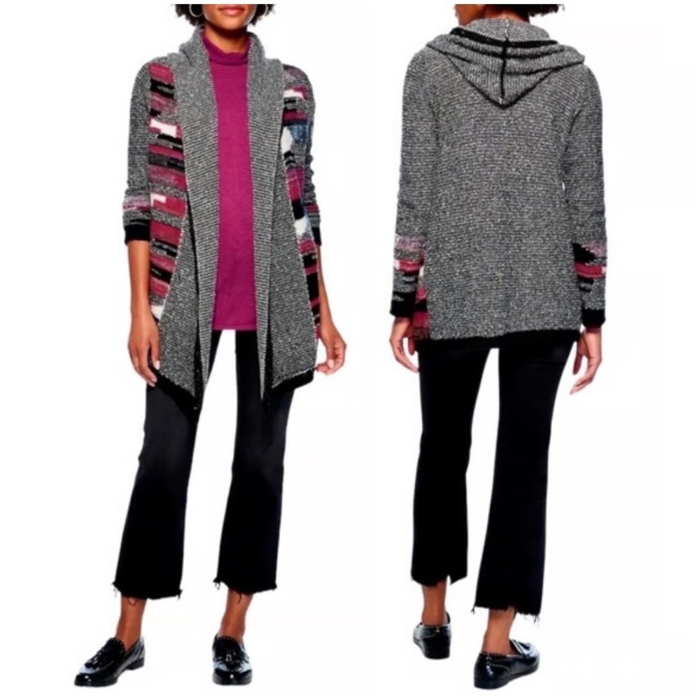 NIC+ZOE Hooded Open Front Cardigan Black Multi Stripe F211155 Small NWT